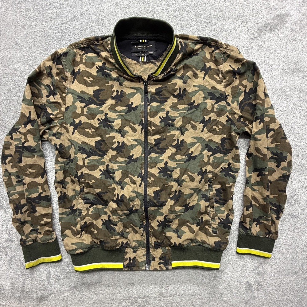 Denim & Flower Jacket‎ Mens Large Green Camo Bomber Full Zip Canvas Ribbed Trim